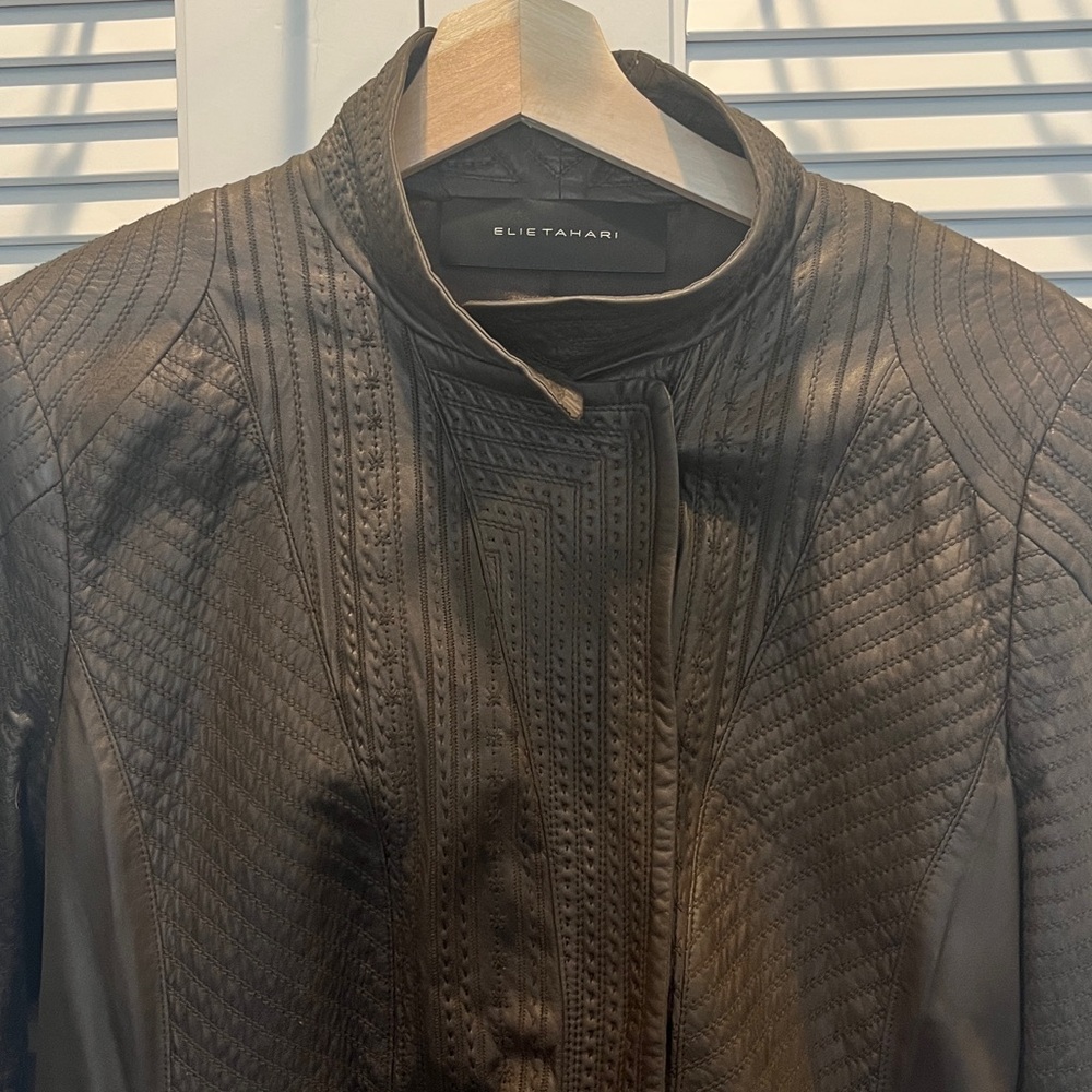 Elie Tahari Textured Vintage Dark Brown Leather Car Coat